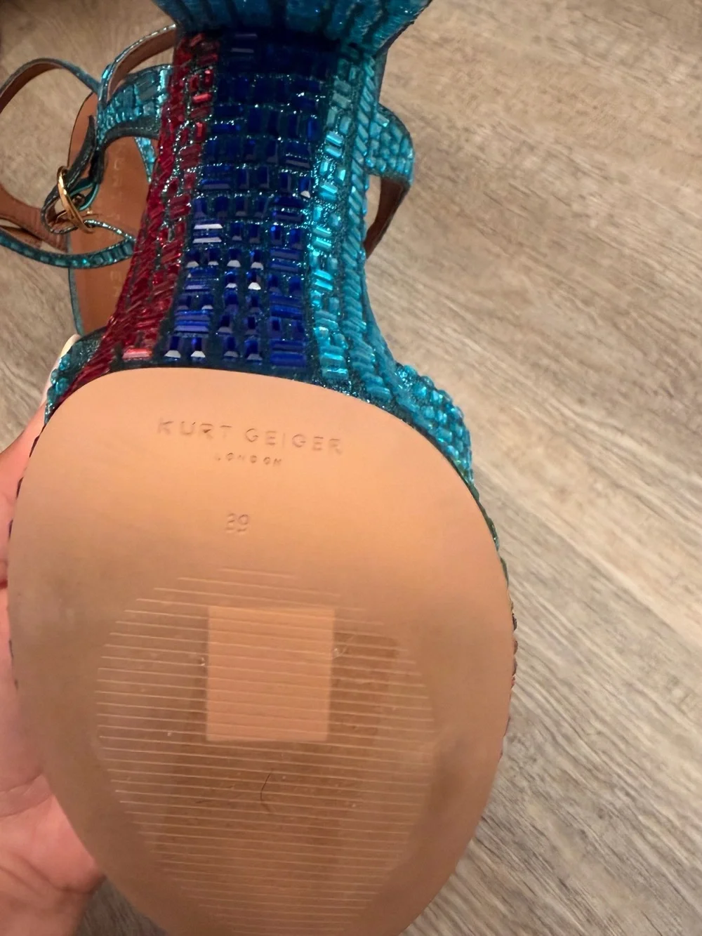 Kurt Geiger Metallic Teal Platform Block Heels with Multicolor Mosaic